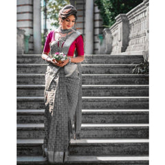 Mayawye Women's Soft Litchi Silk Jacquard Work Saree With Unstitched Blouse 5.5Mtr (Gray)