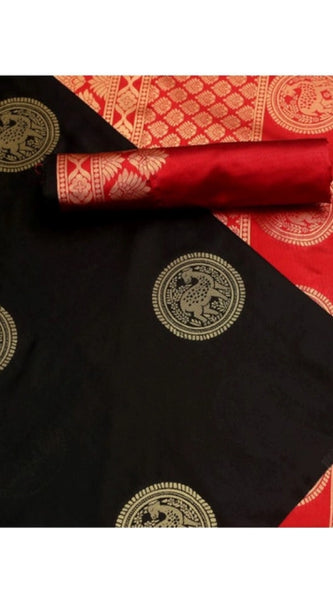 Mayawye Women's Soft Litchi Silk Jacquard Work Saree With Unstitched Blouse 5.5Mtr (Black)