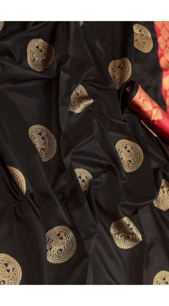 Mayawye Women's Soft Litchi Silk Jacquard Work Saree With Unstitched Blouse 5.5Mtr (Black)