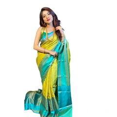 Mayawye Women's Soft Litchi Silk Jacquard Work Saree With Unstitched Blouse 5.5Mtr (Yellow)
