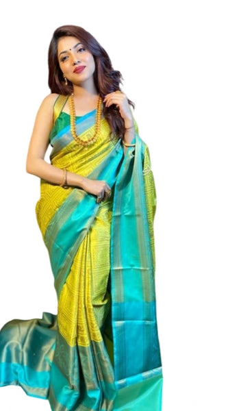 Mayawye Women's Soft Litchi Silk Jacquard Work Saree With Unstitched Blouse 5.5Mtr (Yellow)
