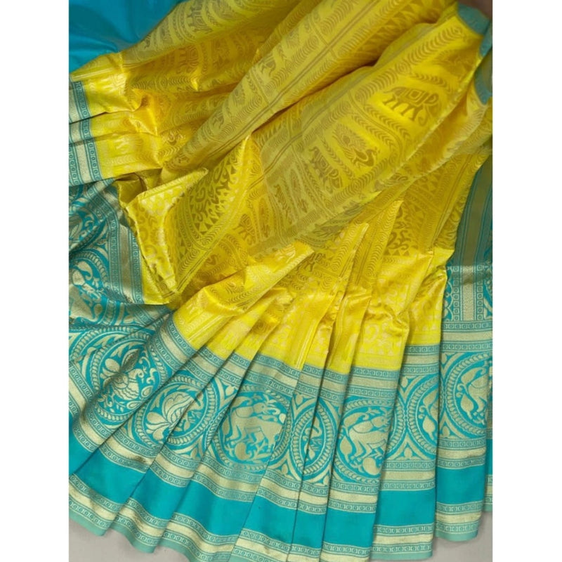Mayawye Women's Soft Litchi Silk Jacquard Work Saree With Unstitched Blouse 5.5Mtr (Yellow)