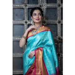 Mayawye Women's Soft Litchi Silk Jacquard Work Saree With Unstitched Blouse 5.5Mtr (Sky Blue)