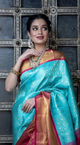 Mayawye Women's Soft Litchi Silk Jacquard Work Saree With Unstitched Blouse 5.5Mtr (Sky Blue)