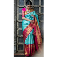 Mayawye Women's Soft Litchi Silk Jacquard Work Saree With Unstitched Blouse 5.5Mtr (Sky Blue)