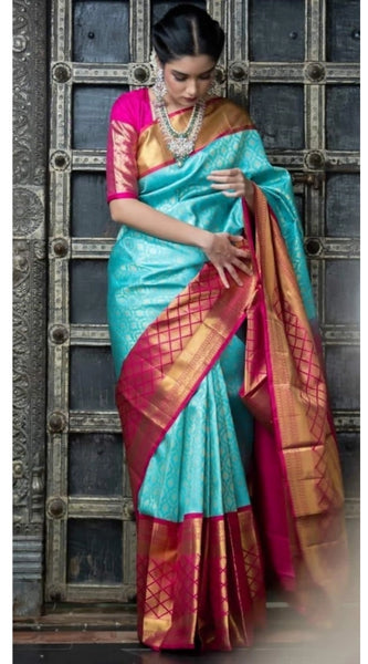 Mayawye Women's Soft Litchi Silk Jacquard Work Saree With Unstitched Blouse 5.5Mtr (Sky Blue)