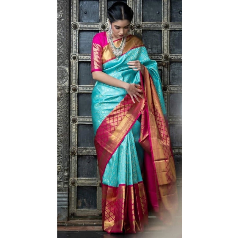 Mayawye Women's Soft Litchi Silk Jacquard Work Saree With Unstitched Blouse 5.5Mtr (Sky Blue)