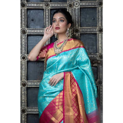 Mayawye Women's Soft Litchi Silk Jacquard Work Saree With Unstitched Blouse 5.5Mtr (Sky Blue)