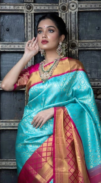 Mayawye Women's Soft Litchi Silk Jacquard Work Saree With Unstitched Blouse 5.5Mtr (Sky Blue)
