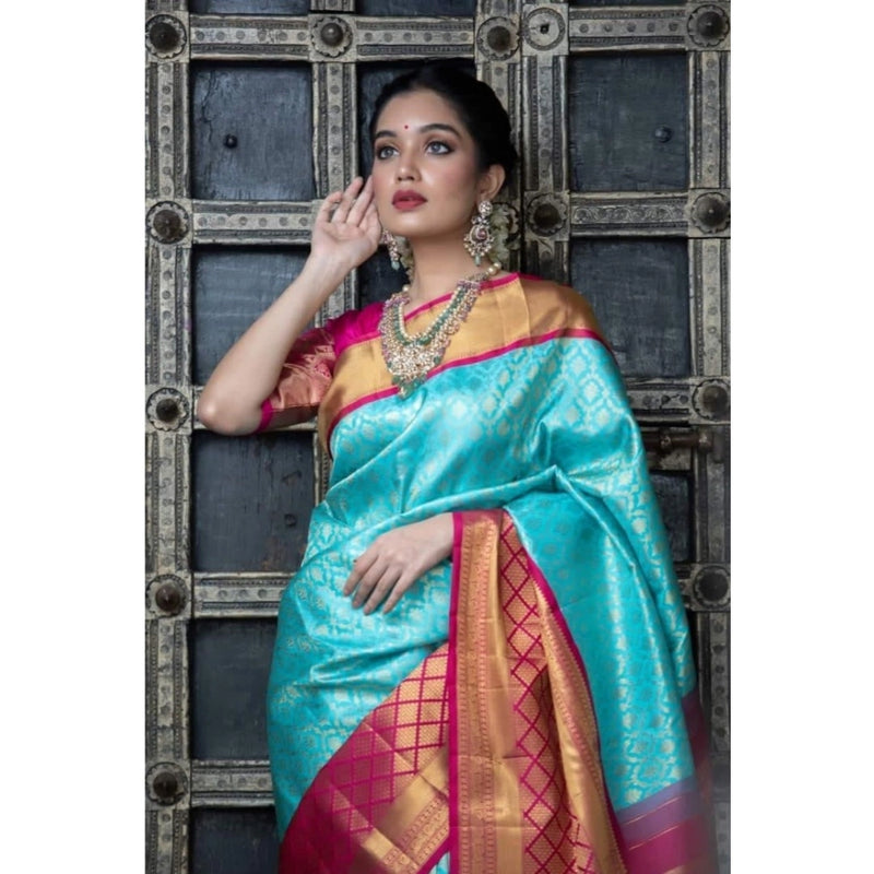 Mayawye Women's Soft Litchi Silk Jacquard Work Saree With Unstitched Blouse 5.5Mtr (Sky Blue)