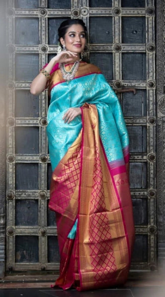 Mayawye Women's Soft Litchi Silk Jacquard Work Saree With Unstitched Blouse 5.5Mtr (Sky Blue)
