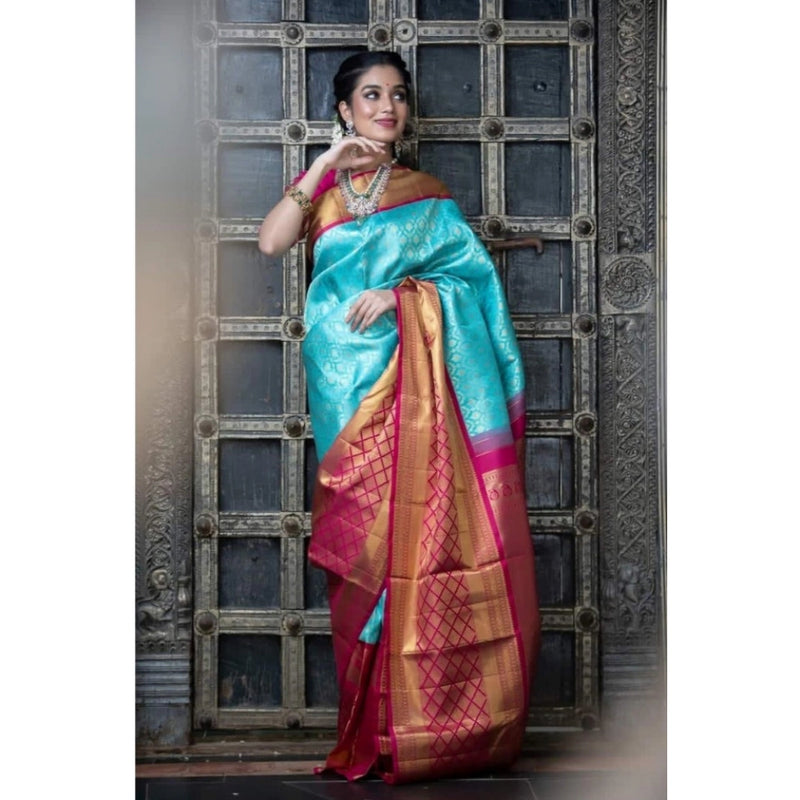 Mayawye Women's Soft Litchi Silk Jacquard Work Saree With Unstitched Blouse 5.5Mtr (Sky Blue)