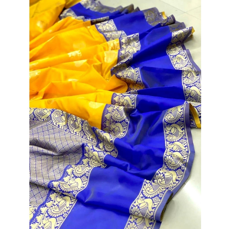 Mayawye Women's Soft Litchi Silk Jacquard Work Saree With Unstitched Blouse 5.5Mtr (Yellow)