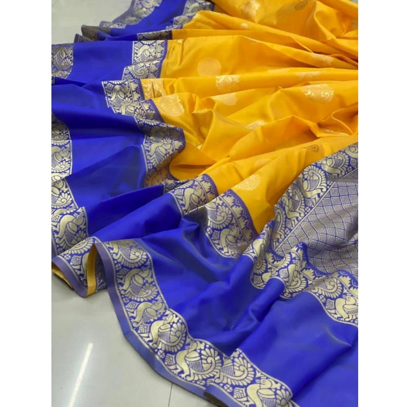 Mayawye Women's Soft Litchi Silk Jacquard Work Saree With Unstitched Blouse 5.5Mtr (Yellow)