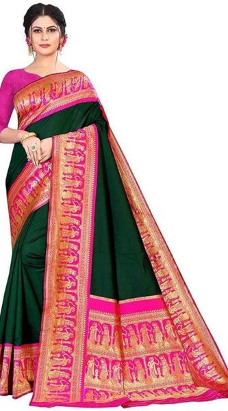 Mayawye Women's Soft Litchi Silk Jacquard Work Saree With Unstitched Blouse 5.5Mtr (Green)