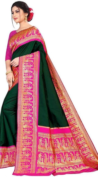 Mayawye Women's Soft Litchi Silk Jacquard Work Saree With Unstitched Blouse 5.5Mtr (Green)