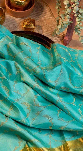 Mayawye Women's Soft Litchi Silk Jacquard Work Saree With Unstitched Blouse 5.5Mtr (Sky Blue)