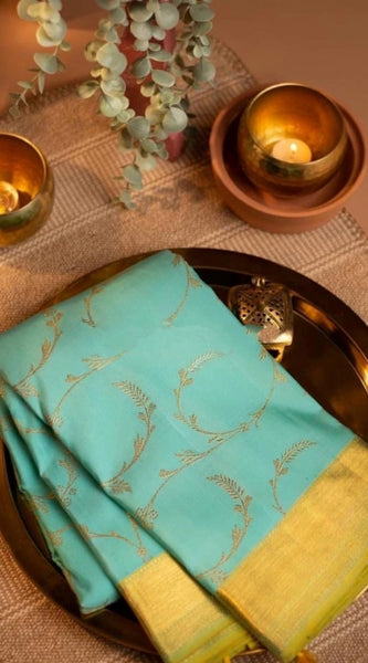 Mayawye Women's Soft Litchi Silk Jacquard Work Saree With Unstitched Blouse 5.5Mtr (Sky Blue)
