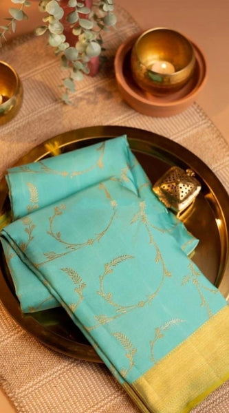Mayawye Women's Soft Litchi Silk Jacquard Work Saree With Unstitched Blouse 5.5Mtr (Sky Blue)