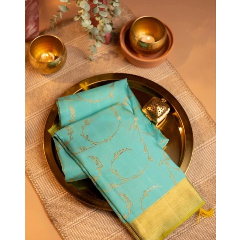 Mayawye Women's Soft Litchi Silk Jacquard Work Saree With Unstitched Blouse 5.5Mtr (Sky Blue)