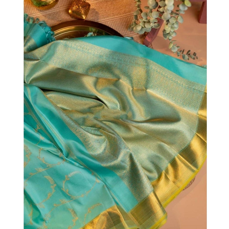 Mayawye Women's Soft Litchi Silk Jacquard Work Saree With Unstitched Blouse 5.5Mtr (Sky Blue)