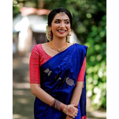 Mayawye Women's Soft Litchi Silk Jacquard Work Saree With Unstitched Blouse 5.5Mtr (Blue)