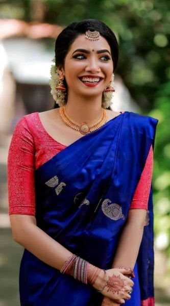 Mayawye Women's Soft Litchi Silk Jacquard Work Saree With Unstitched Blouse 5.5Mtr (Blue)