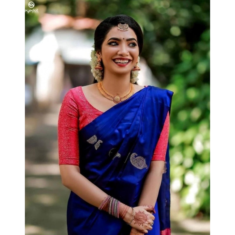Mayawye Women's Soft Litchi Silk Jacquard Work Saree With Unstitched Blouse 5.5Mtr (Blue)