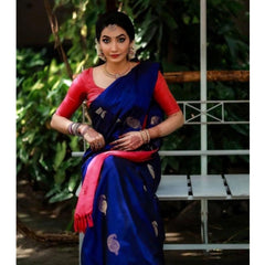 Mayawye Women's Soft Litchi Silk Jacquard Work Saree With Unstitched Blouse 5.5Mtr (Blue)