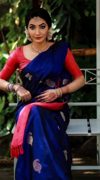Mayawye Women's Soft Litchi Silk Jacquard Work Saree With Unstitched Blouse 5.5Mtr (Blue)
