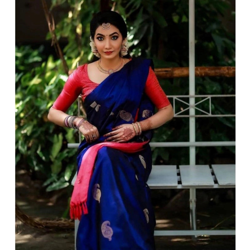 Mayawye Women's Soft Litchi Silk Jacquard Work Saree With Unstitched Blouse 5.5Mtr (Blue)