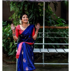 Mayawye Women's Soft Litchi Silk Jacquard Work Saree With Unstitched Blouse 5.5Mtr (Blue)