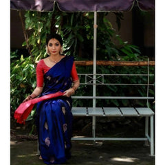 Mayawye Women's Soft Litchi Silk Jacquard Work Saree With Unstitched Blouse 5.5Mtr (Blue)