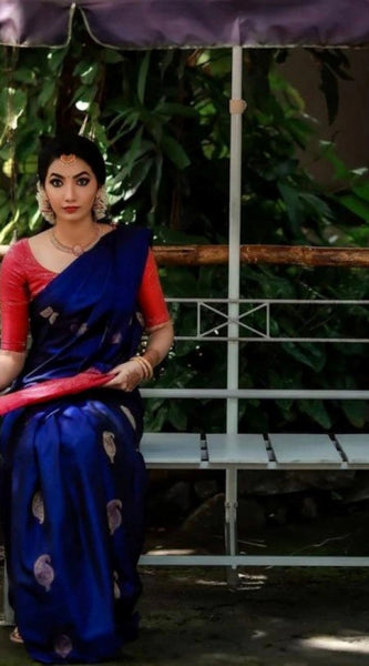 Mayawye Women's Soft Litchi Silk Jacquard Work Saree With Unstitched Blouse 5.5Mtr (Blue)