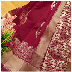 Mayawye Women's Soft Litchi Silk Jacquard Work Saree With Unstitched Blouse 5.5Mtr (Maroon)