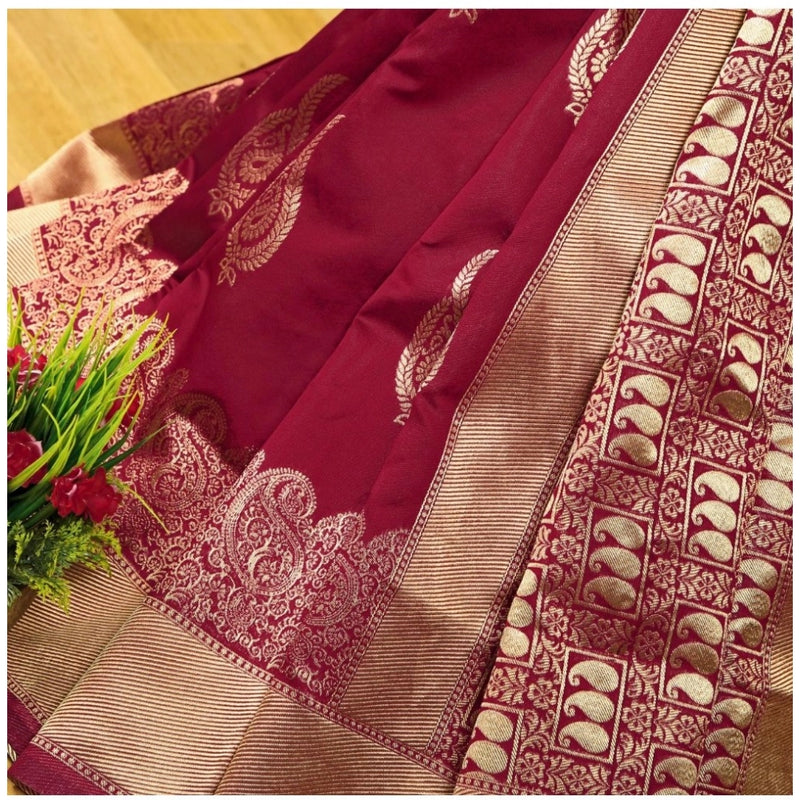 Mayawye Women's Soft Litchi Silk Jacquard Work Saree With Unstitched Blouse 5.5Mtr (Maroon)