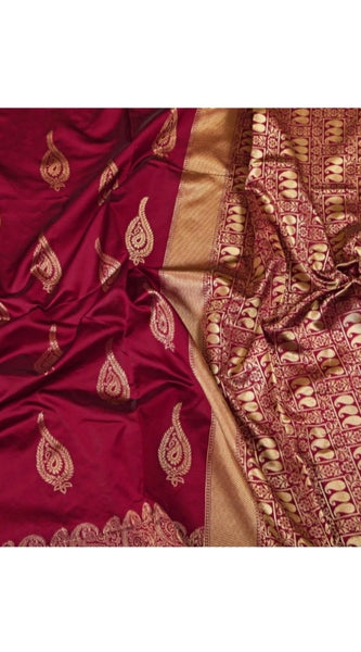 Mayawye Women's Soft Litchi Silk Jacquard Work Saree With Unstitched Blouse 5.5Mtr (Maroon)