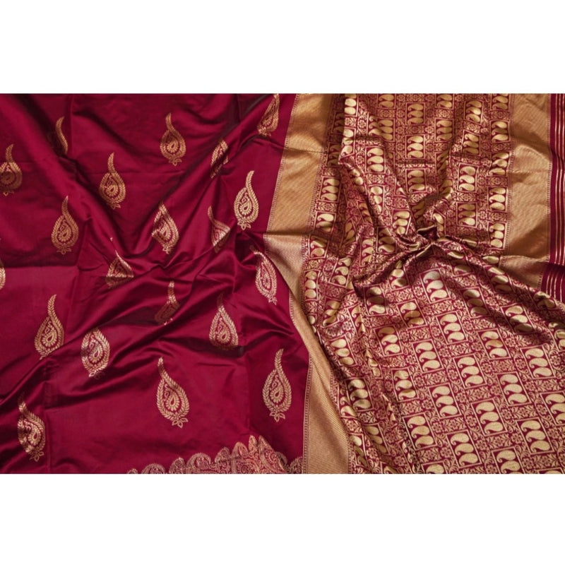 Mayawye Women's Soft Litchi Silk Jacquard Work Saree With Unstitched Blouse 5.5Mtr (Maroon)
