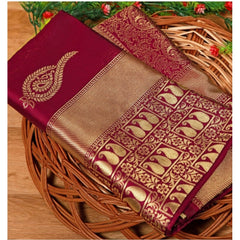 Mayawye Women's Soft Litchi Silk Jacquard Work Saree With Unstitched Blouse 5.5Mtr (Maroon)