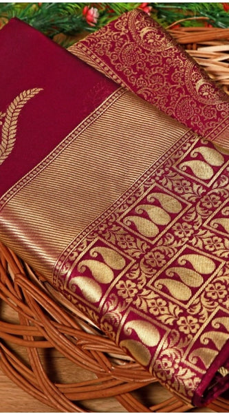 Mayawye Women's Soft Litchi Silk Jacquard Work Saree With Unstitched Blouse 5.5Mtr (Maroon)