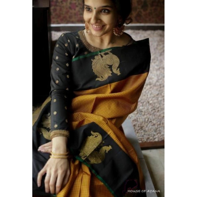 Mayawye Women's Soft Litchi Silk Jacquard Work Saree With Unstitched Blouse 5.5Mtr (Rust)