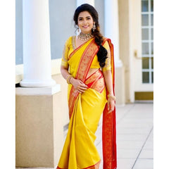 Mayawye Women's Soft Litchi Silk Jacquard Work Saree With Unstitched Blouse 5.5Mtr (Yellow)
