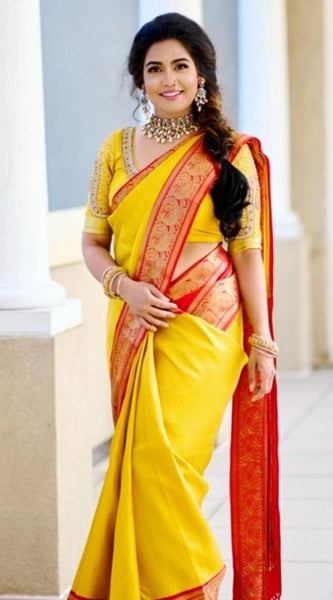 Mayawye Women's Soft Litchi Silk Jacquard Work Saree With Unstitched Blouse 5.5Mtr (Yellow)