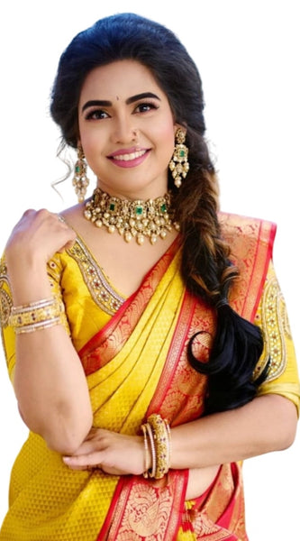 Mayawye Women's Soft Litchi Silk Jacquard Work Saree With Unstitched Blouse 5.5Mtr (Yellow)