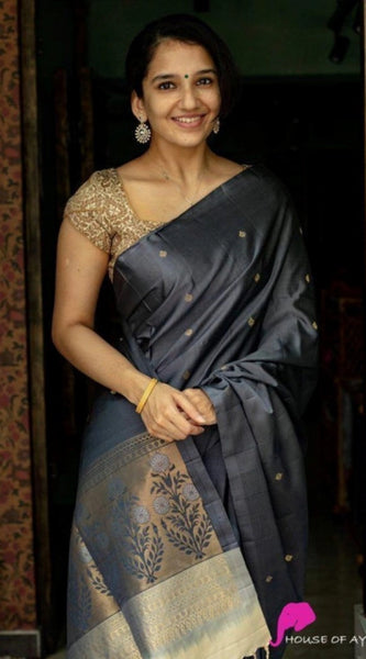Mayawye Women's Soft Litchi Silk Jacquard Work Saree With Unstitched Blouse 5.5Mtr (Gray)