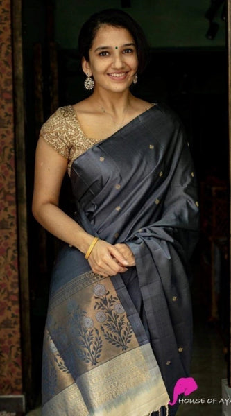 Mayawye Women's Soft Litchi Silk Jacquard Work Saree With Unstitched Blouse 5.5Mtr (Gray)