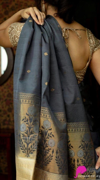 Mayawye Women's Soft Litchi Silk Jacquard Work Saree With Unstitched Blouse 5.5Mtr (Gray)