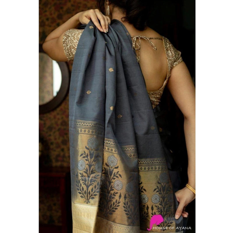 Mayawye Women's Soft Litchi Silk Jacquard Work Saree With Unstitched Blouse 5.5Mtr (Gray)