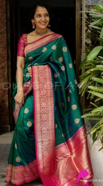 Mayawye Women's Soft Litchi Silk Jacquard Work Saree With Unstitched Blouse 5.5Mtr (Green)