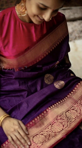 Mayawye Women's Soft Litchi Silk Jacquard Work Saree With Unstitched Blouse 5.5Mtr (Purple)
